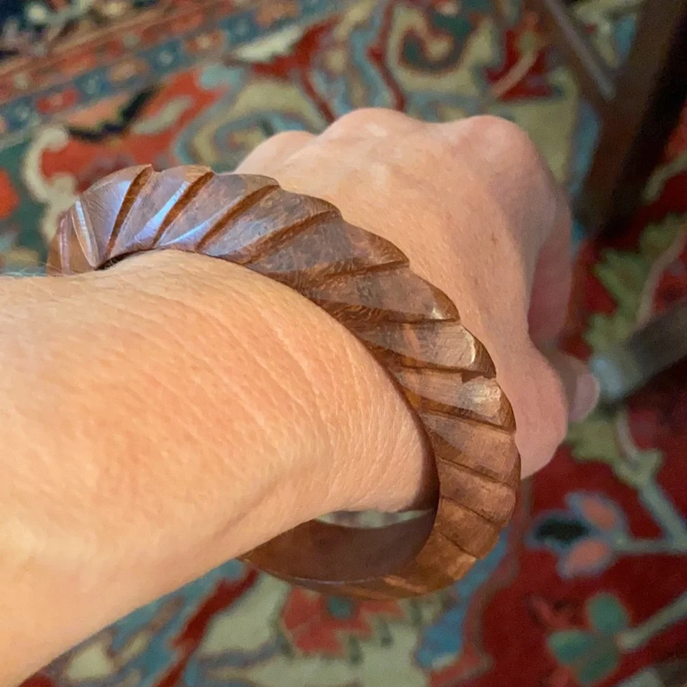 Wooden Bangle Bracelet Carved Fluted Brown Vintage Retro Designer Boho Western